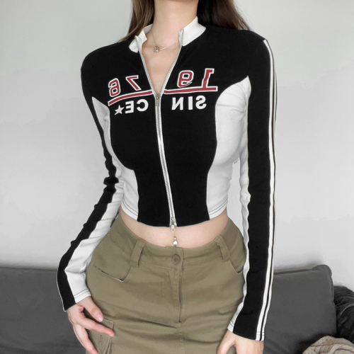 Imitation cotton ribbed American short jacket for women, contrasting print design, long-sleeved top, sexy