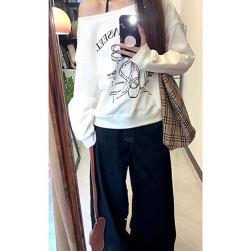 2024 new fashion brand white bow slanted shoulder sweatshirt for women spring and autumn high-end temperament versatile sweet top trendy