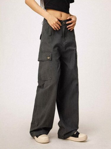 American high street gray overalls for men and women, loose multi-pocket retro straight casual long pants