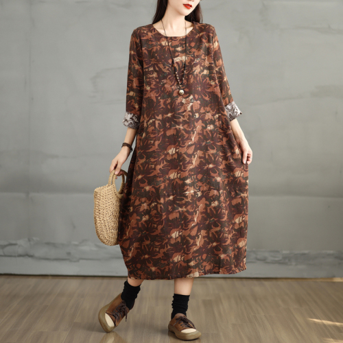 New cotton and linen printed long-sleeved dress, retro age-reducing printed large size pullover round neck mid-length skirt