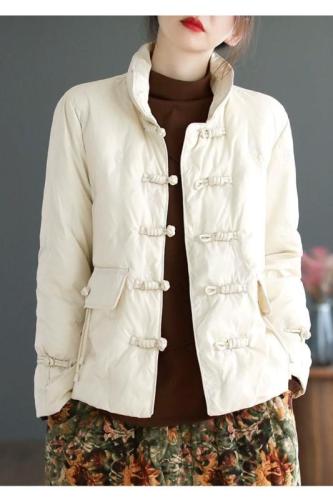 Retro ethnic style disc button stand collar women's short winter down jacket embroidered warm jacket top