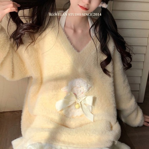 Flower sweet cheese girly imitation mink velvet sheep V-neck sweater spring and autumn Korean style top sweater