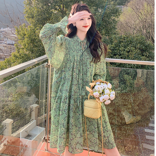 Tea break French green floral dress for women 2024 new style high-end loose slimming fairy dress