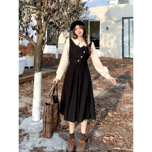 Real shot color matching fake two-piece long-sleeved dress for women autumn retro irregular small pleated long skirt