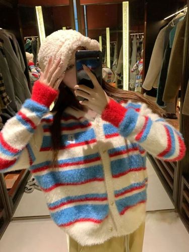 Mohair striped hooded knitted cardigan sweater for women in autumn and winter loose lazy style American retro jacket