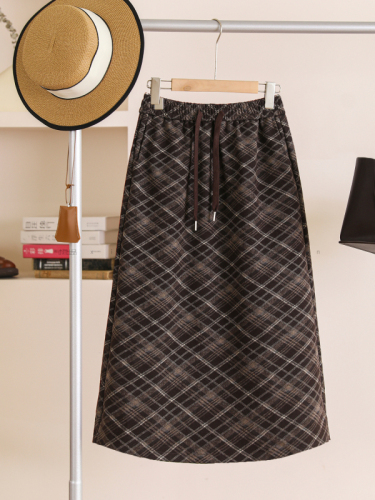 Yarn-dyed wool plaid elastic waist lace artistic retro basic skirt