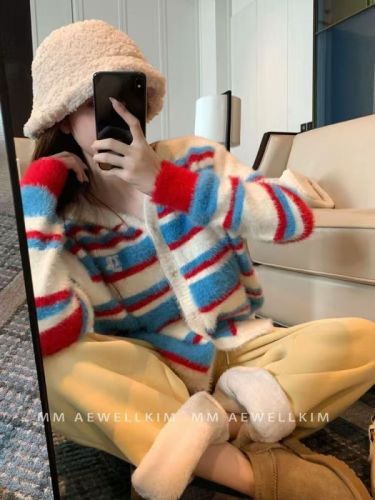 Mohair striped hooded knitted cardigan sweater for women in autumn and winter loose lazy style American retro jacket