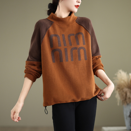 New winter clothing, artistic Ollie velvet sweatshirt for women, thickened and warm, dropped shoulder sleeves, color matching half turtleneck top