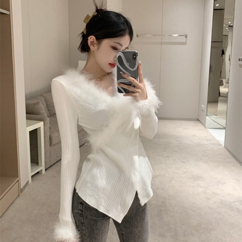 !  Real shot!  Cross V-neck furry patchwork sweater slimming slimming bottoming top