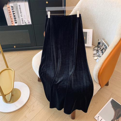 Autumn and winter retro large size velvet side slit long skirt black velvet skirt