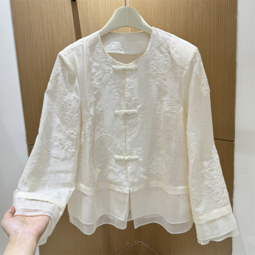 New Chinese style round neck heavy industry embroidered jacket for women autumn new high-end buttoned shirt top