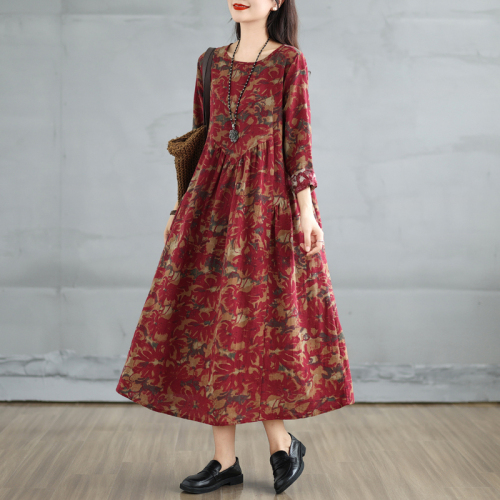 New retro cotton and linen printed round neck long-sleeved dress for women loose large size slimming spliced ​​A-line skirt for women