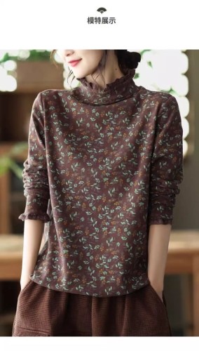 New autumn and winter loose slimming literary retro floral bottoming shirt pure cotton half turtleneck ruffled top for women