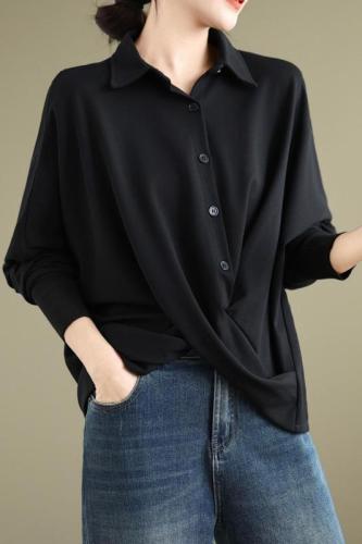 Niche design irregular T-shirt 2024 new autumn loose bat sleeve dark top