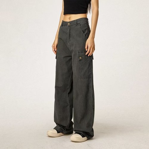 American high street gray overalls for men and women, loose multi-pocket retro straight casual long pants