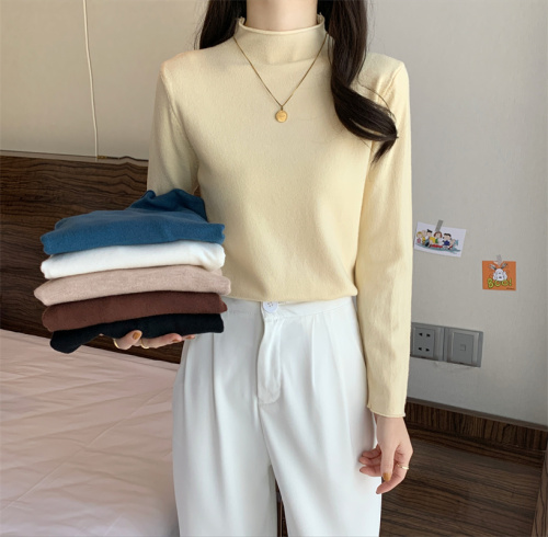 Actual shot of versatile basic solid color slim half turtleneck long-sleeved bottoming shirt knitted top for women with western style inner wear