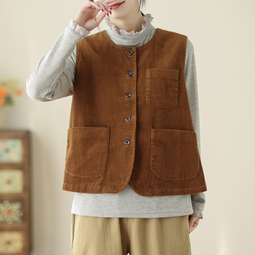 Classic single-breasted sleeveless top, artistic retro style corduroy vest jacket