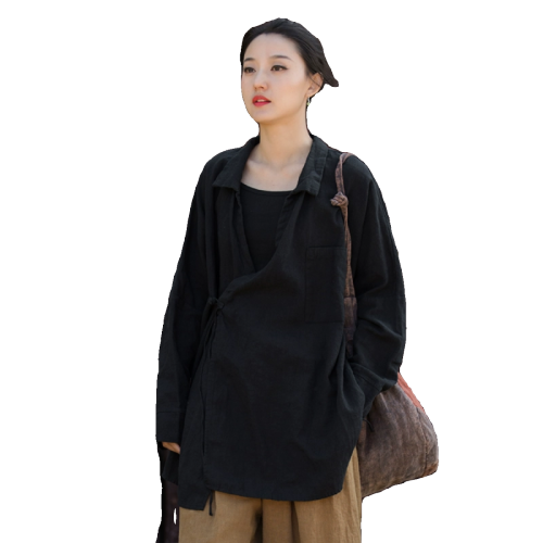 Tea clothes for women autumn new new Chinese style cotton and linen lapel cardigan national style lace-up shirt top