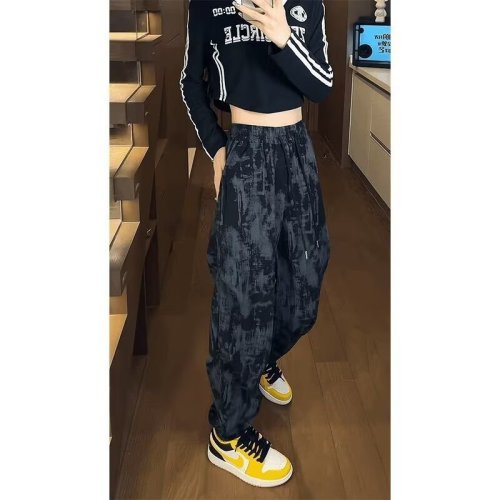 Black corduroy pants for women in autumn, tie-dye design, sports nine-point pants, trendy brand, loose-fitting casual trousers