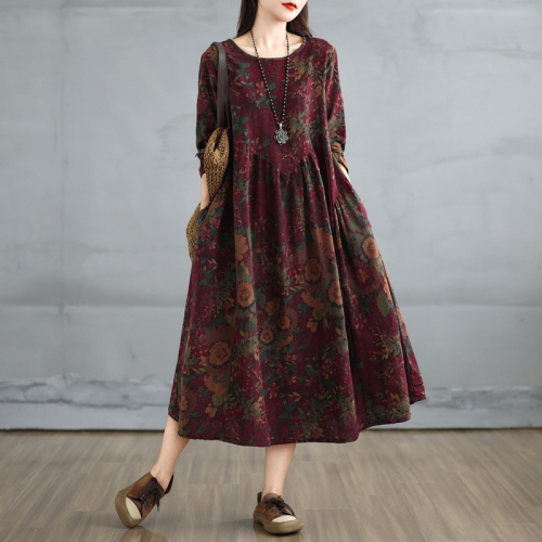 New retro cotton and linen printed round neck long-sleeved dress for women loose large size slimming spliced ​​A-line skirt for women