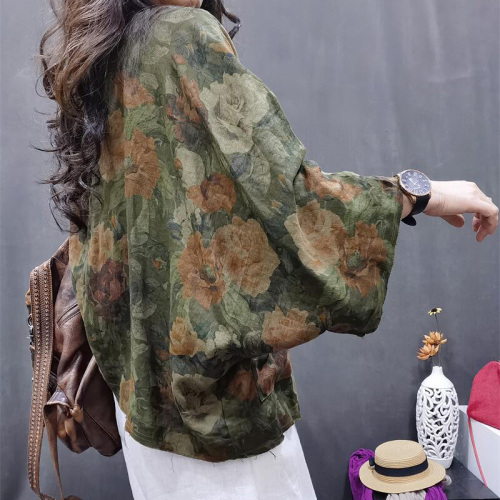 Cotton and linen women's clothing 2024 new autumn style retro ethnic style distressed top printed versatile foreign style small jacket