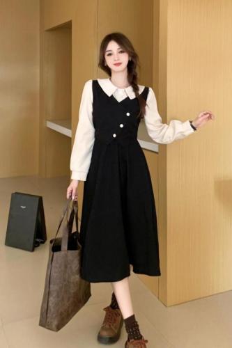 Real shot color matching fake two-piece long-sleeved dress for women autumn retro irregular small pleated long skirt