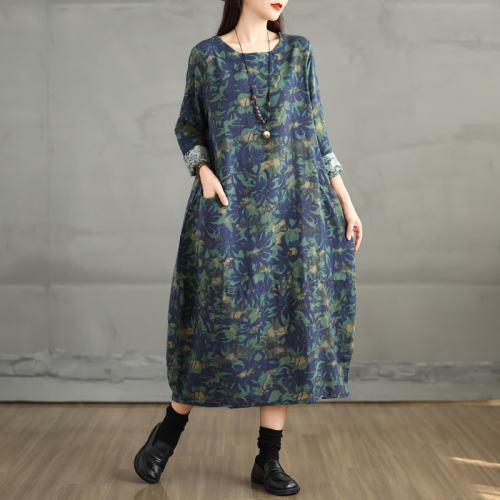 New cotton and linen printed long-sleeved dress, retro age-reducing printed large size pullover round neck mid-length skirt