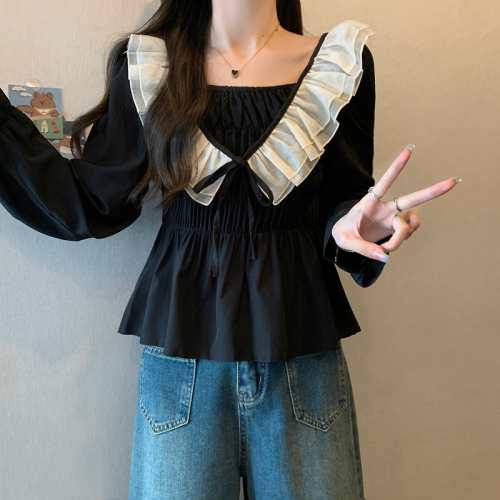 Real shot~Large size women's French ruffled long-sleeved shirt for women in autumn and winter, new style of belly-covering and slim-fitting tops