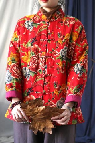 Northeastern large floral cloth thickened warm cotton coat loose winter new Chinese style national style buttoned cotton coat