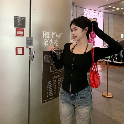 Real shot ~ hot girl fake two-piece leopard print splicing T-shirt for women 2024 autumn sexy hollow slim fit top