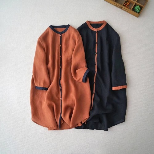 2024 Autumn Loose Casual Stand Collar Mid-Length Three-quarter Sleeve Shirt Contrast Color Casual Cardigan Sun Protection Shirt