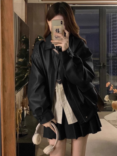 Brown leather jacket women's autumn Korean version 2024 new hot and cool girl motorcycle loose long-sleeved jacket top