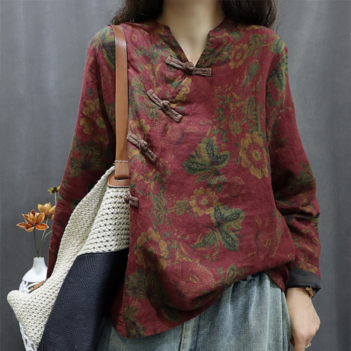 Autumn and winter new linen printed casual short coat loose bat sleeves V-neck disc button double layer top for women