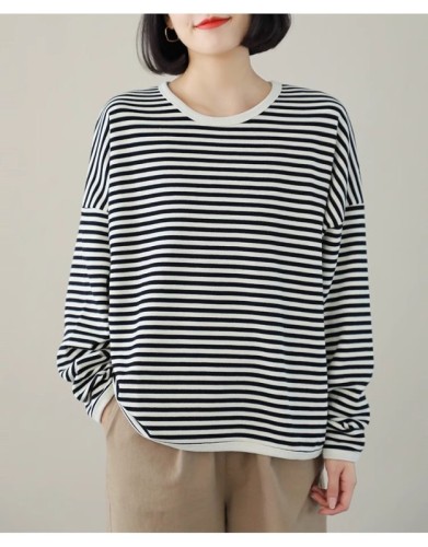 Striped sweatshirt for women, loose, slim, Korean version, versatile, casual, simple, round neck, spring and autumn long-sleeved T-shirt