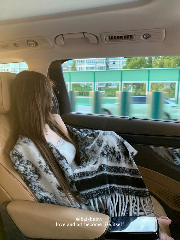 白水女 慵懶古早感 流蘇披肩女外搭撞色保暖韓系氛圍感斗篷