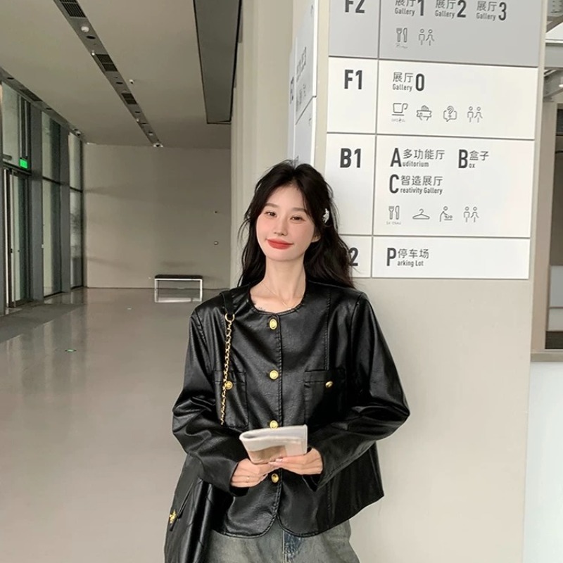 Black Retro This Year Leather Jacket Women's Short 2024 Autumn New Korean Style Sweet Cool Style PU Leather Jacket