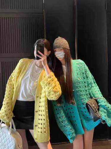 South Korea Dongdaemun Hollow Knitted Sweater Women's Autumn New Loose Sweater Jacket Retro Long Sleeve Cardigan Top