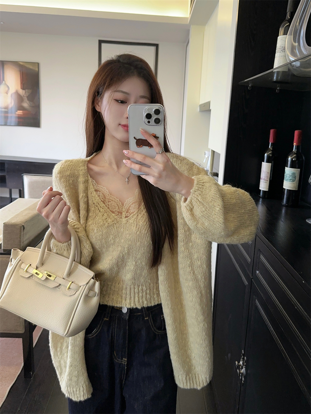 Actual shot ~ Korean style lazy loose long-sleeved knitted cardigan + lace camisole two-piece set