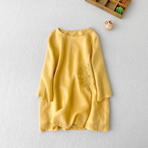 National style new Chinese style women's clothing, thin and delicate double-layered nine-quarter sleeve shirt, loose mid-length top and cool pullover