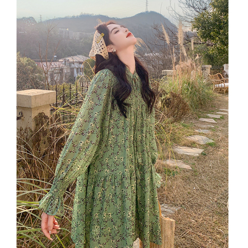 Tea break French green floral dress for women 2024 new style high-end loose slimming fairy dress