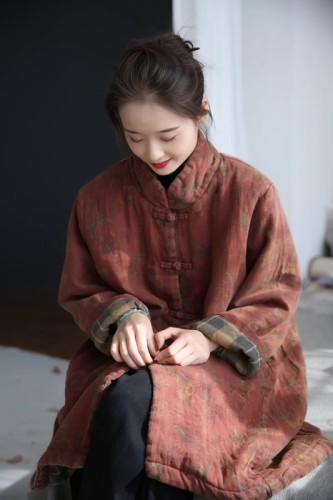 Winter new cotton and linen women's clothing Chinese ethnic style buckle loose large size mid-length cotton coat and jacket