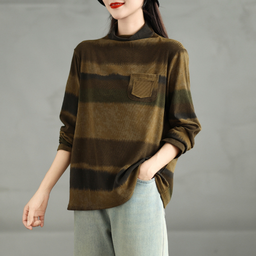 2024 Autumn Retro Color Block Top Women Half Turtle Collar Long Sleeve Temperament Bottoming Shirt with T-shirt