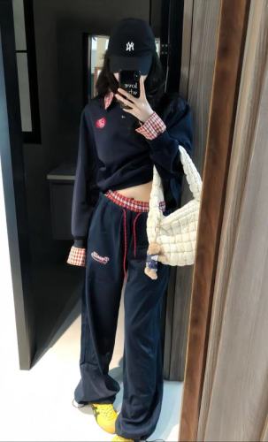 American style college wind double waist splicing straight tube loose wide leg casual pants women's spring and autumn sports tracksuit 