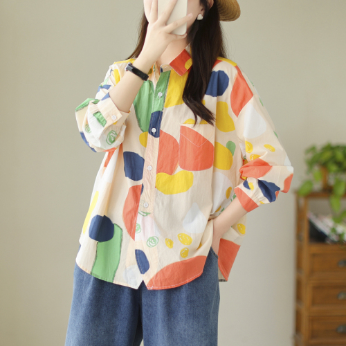 Shirt top women's design 2024 new Korean version commuter arc hem painted graffiti printed long sleeves