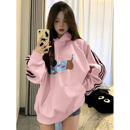 American hooded sweatshirt for women 2024 autumn three-stripe dopamine loose lazy style long-sleeved top jacket