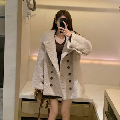 Oatmeal double-breasted solid color soft waxy lamb wool stand collar coat winter loose warm mid-length cardigan top