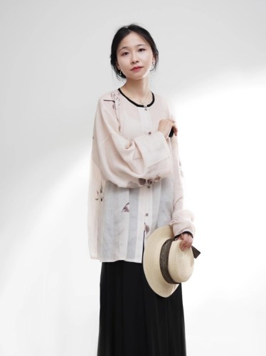 Zhao's Hanfu Autumn New Cotton and Linen Daily Made Round Neck Bow Pocket Sleeve Short Shirt Breathable