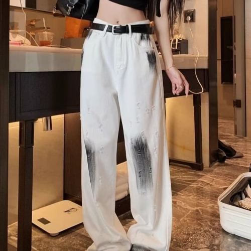 White old graffiti ripped wide leg jeans for women thin autumn new high waist straight drape floor mopping trousers