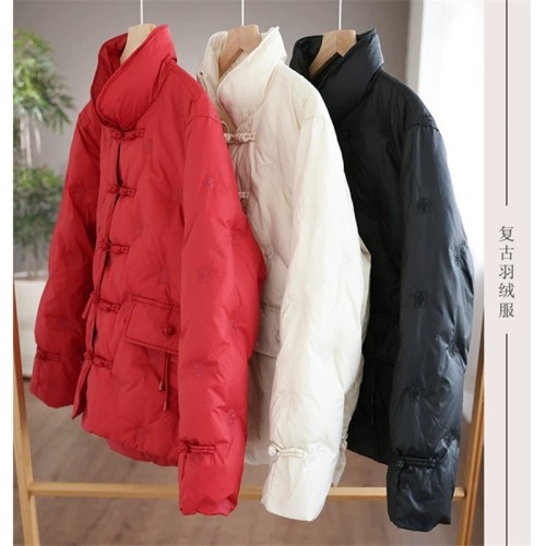 Retro ethnic style disc button stand collar women's short winter down jacket embroidered warm jacket top