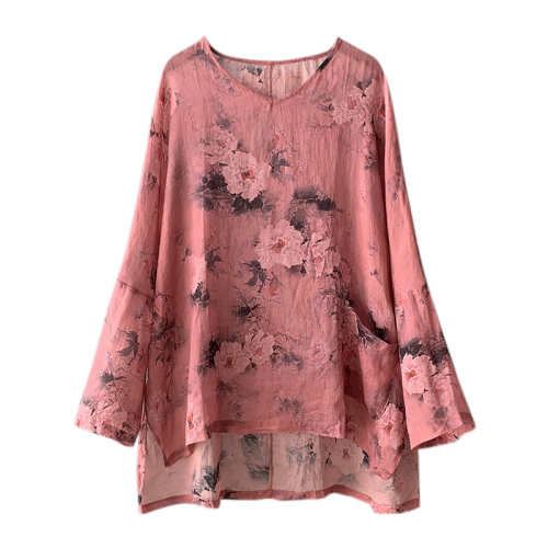 2024 Autumn Print Gentle Age-Reducing Print V-neck Pocket Style Loose and Versatile Top